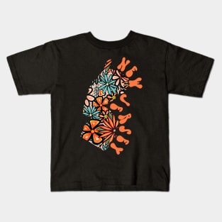 New Jersey State Design | Artist Designed Illustration Featuring New Jersey State Outline Filled With Retro Flowers with Retro Hand-Lettering Kids T-Shirt